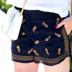 J. Crew Navy Blue Gold Pineapple Embroidered Shorts 100% Cotton Elastic Waist XS